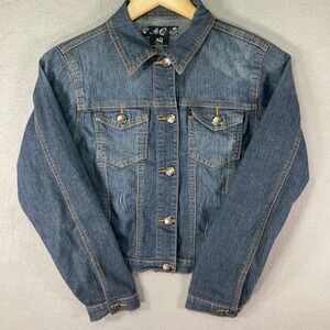 AQ Denim Jean Jacket Womens Size S Embellished Button Up Blue Cotton Blend VTG